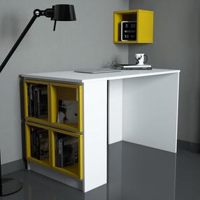 Rašomasis stalas su lentyna Kalune Design Box 845HCT3815, 120 cm x 65 cm, 75 cm, balta sp./geltona sp.