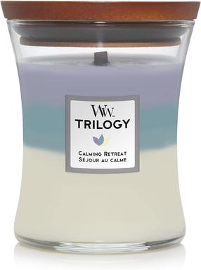 Žvakė, aromatinė WoodWick Trilogy Calming Retreat, 55 - 65 h, 275 g, balta sp./violetinė sp./žydra sp.