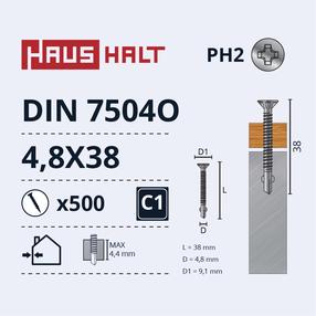 Savisriegis Haushalt DIN 7504O, 4.8 mm x 38 mm, 500 vnt.