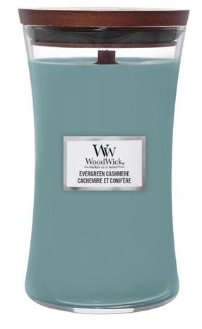 Žvakė, cilindrinė WoodWick Large Hourglass Evergreen Cashmere, 110 - 120 h, 610 g, žydra sp.