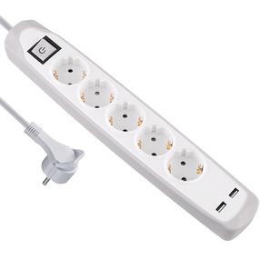 Pagarinātājs Electraline, 3 x 1 mm², 2 m, 5 ligzdas, ar slēdzi, balta krās.