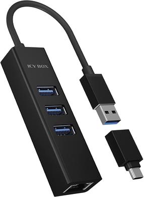 Adapteris ICY Box USB/USB-C - 3 x USB/RJ-45