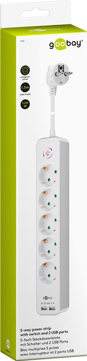 Pagarinātājs Goobay 5-Way Power Strip With Switch & 2 USB, 1.5 m
