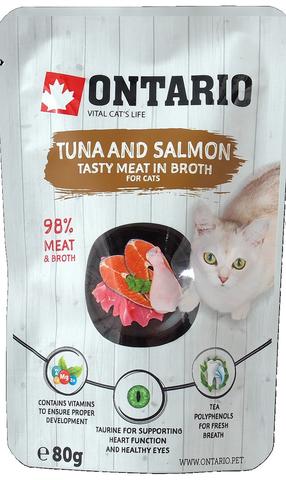 Šlapias kačių maistas Ontario Tasty Meat In Broth Tuna and Salmon, žuvis, 0.08 kg