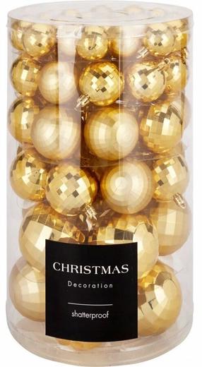 Ziemassvētku eglīšu rotaļlietu komplekts Christmas, zelta krās., 4 - 8 cm, plastmasa, 64 gab.