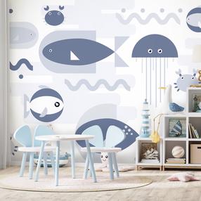Fototapetas Artgeist Minimalist Ocean - Geometric Fish And Crabs In Water For Kids, 175 cm x 245 cm