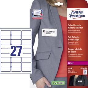 Uzlīme Avery Zweckform Self Adhesive Name Badges L4784-20, 2.96 cm x 6.35 cm, balta krās.