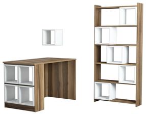 Biuro baldų komplektas Kalune Design Box Desk & Bookshelf & Wall Shelf, balta sp./riešuto sp., 170 cm x 22 cm x 80 cm