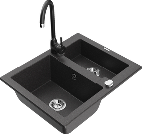 Virtuvinė plautuvė Mexen Carlos 6518581500-76+670200-70, granitas, 58 cm x 47 cm x 17.7 cm, black granite+black sp.
