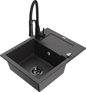 Plautuvė su virtuviniu maišytuvu Mexen Enzo Black granite+Black, granitas, 57 cm x 46 cm x 17.4 cm, black granite+black sp.
