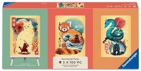 Dėlionė 3in1 Ravensburger Ukiyo-E Cat Warrior Red Panda and Dragon & Easel Set, 17 cm x 12 cm, 300 vnt., įvairių spalvų