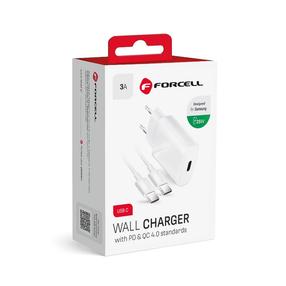 Telefona lādētājs Forcell, 2 x USB Type C /USB-C, 100 cm, balta krās., 25 W