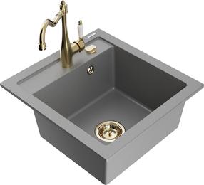 Plautuvė su virtuviniu maišytuvu Mexen Vito Grey+Gold, granitas, 49 cm x 52 cm x 21 cm, aukso sp./pilka sp.