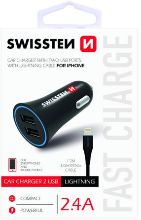 Automobilinis įkroviklis Swissten SW-CCH-2.4ALIG-B, USB, juoda sp.
