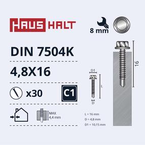 Isekeermestavad kruvid Haushalt DIN 7504K, 4.8 mm x 16 mm, 30 tk
