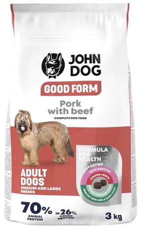 Sausas šunų maistas John Dog Good Form Pork and Beef, jautiena/ryžiai/kiauliena, 3 kg