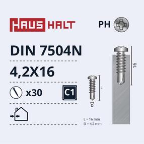 Pašvītņojošā skrūve Haushalt DIN 7504N, 4.2 mm x 16 mm, 30 gab.