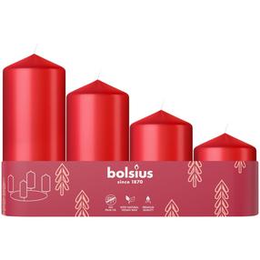 Sveču komplekts, cilindriskas Bolsius Christmas, 4 - 9 h, 4 gab., sarkana krās.
