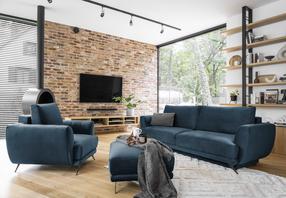 Minkštų baldų komplektas Megis 3F & 1F & Pouf Nube 40, vidaus, tamsiai mėlyna sp.