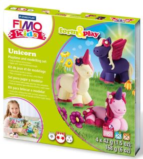 Rinkinys molinių figūrėlių gamybai, vienaragis Staedtler Fimo Kids, balta sp./rožinė sp./violetinė sp., 168 g