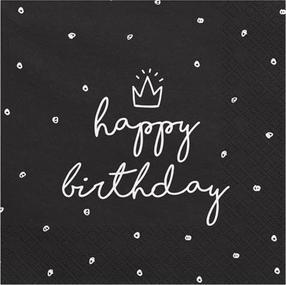 Popierinės servetėlės Party Deco Happy Birthday, 33 cm x 33 cm, balta sp./juoda sp., 20 vnt.