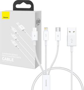 Laidas Baseus P10320105221-01, Micro USB type B/USB Type C/Lightning/USB Type A, balta sp.
