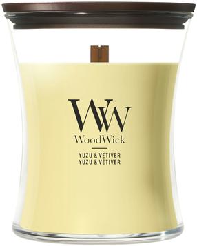 Svece, aromātiskā WoodWick Yuzu & Vetiver, 50 - 65 h, 275 g, dzeltena krās.