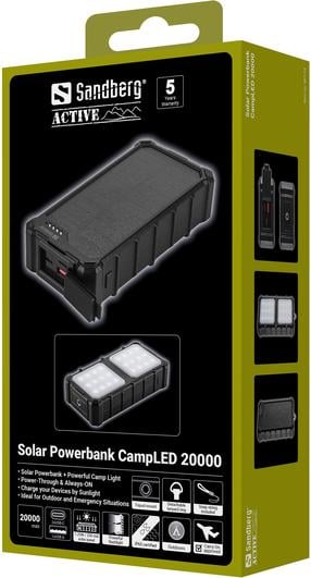 Nešiojamas įkroviklis (Power bank) Sandberg Solar Powerbank CampLED 20000, 20000 mAh, 22.5 W, juoda sp.