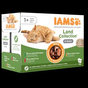 Šlapias kačių maistas IAMS Delights Land Collection, ėriena/jautiena/vištiena, 0.085 kg, 12 vnt.