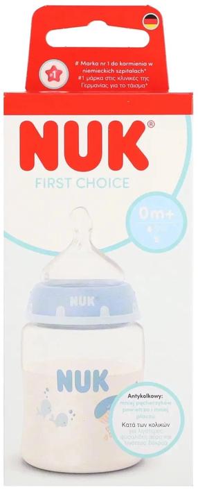Bērnu pudelīte Nuk First Choice Whale, 150 ml, 0 mēn., caurspīdīga krās./zila krās.