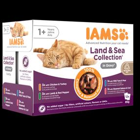 Šlapias kačių maistas IAMS Delights Land & Sea, ėriena/vištiena/kalakutiena, 0.085 kg, 12 vnt.