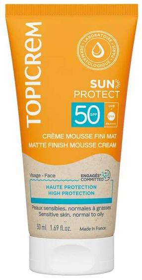 Krēms iedeguma kopšanai sejai Topicrem Sun Protect Matte Finish Mousse-Cream SPF50+, 50 ml