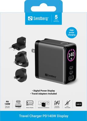 Дорожное зарядное устройство Sandberg 441-72, USB Type A/Europlug/UK Plug/2 x USB Type C, черный цв., 140 Вт