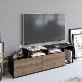 TV staliukas Kalune Design Nexera, juoda sp./riešuto sp., 149.8 cm x 35.3 cm x 42.9 cm