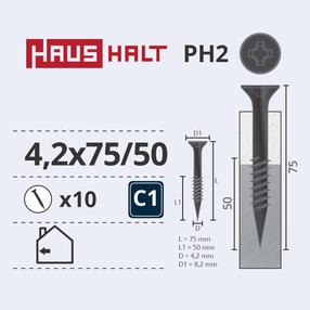 Koka skrūve, skrūves metālam Haushalt PH2, 4.2 x 75 mm/50 mm, pelēka krās., 10 gab.