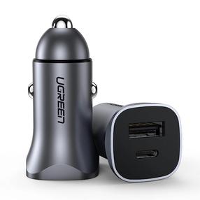 Auto telefona lādētājs Ugreen CD130 fast car charger, USB Type C/USB Type A, pelēka krās., 30 W