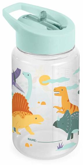 Dzeramā pudele ar silikona salmiņu Miniland Kiddie Jurassic, 450 ml, 6+ mēn., tritāns, zila krās.