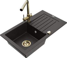 Virtuvinė plautuvė Mexen Pablo 6510751010-75+671600-50+66911-50, granitas, 75 cm x 43 cm x 16.1 cm, metallic black/gold+gold sp.