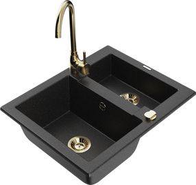 Virtuvinė plautuvė Mexen Carlos 6518581500-73+670200-50+66921-50, granitas, 58 cm x 47 cm x 17.7 cm, metallic black/silver+gold sp.