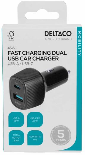 Auto telefona lādētājs Deltaco USBC-CAR123, USB Type C/USB Type A, melna krās., 45 W