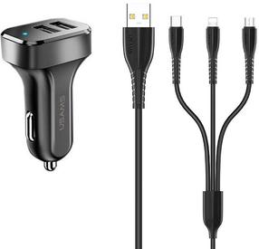 Auto telefona lādētājs Usams NTU35YTSC13TZ, USB Type C/Lightning/Micro USB, melna krās.