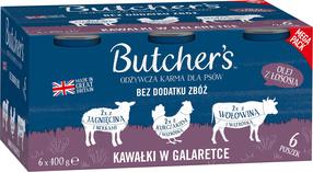 Šlapias šunų maistas Butchers, ėriena/jautiena/vištiena/kepenėlės Original Jelly Megapack Mix, 0.4 kg x 6 vnt.