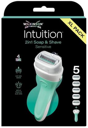Raseerija, komplekt Wilkinson Sword Intiution 2in! Soap & Shave Sensitive, 5 tk
