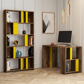 Biuro baldų komplektas Kalune Design Lima Desk & Bookshelf, geltona sp./riešuto sp., 180 cm x 20 cm x 90 cm