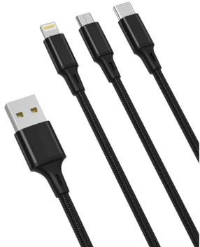 Telefona lādētājs XO NB173, USB Type C/Lightning/Micro USB/USB, 120 cm, melna krās.