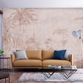 Fototapete Artgeist Landscape With Temple - Engraving Of Indian Architecture With Palm Trees, 140 cm x 140 cm