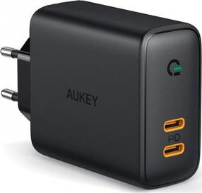 Telefona lādētājs Aukey PA-D2, 2 x USB-C, melna krās., 36 W