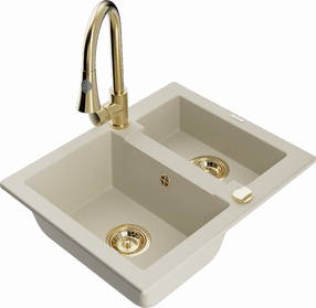 Plautuvė su virtuviniu maišytuvu Mexen Carlos Beige+Gold, granitas, 58 cm x 47 cm x 17.7 cm, beige+gold sp.