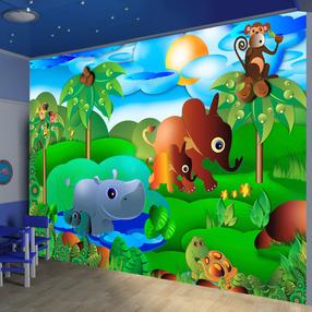 Fototapetas Artgeist Wild Animals In The Jungle - Elephant, Monkey, Turtle With Trees For Children LNEW010530, 140 cm x 200 cm