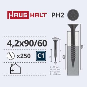 Саморез по дереву, вкручиваемые в металл Haushalt, 4.2 x 90 мм, серый цв., 250 шт.